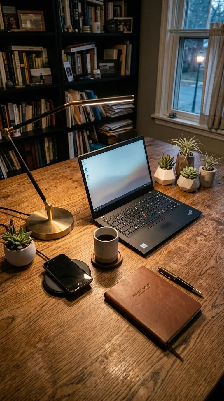 The same desk from the same spot, cleared, cable-managed and lit by a single lamp