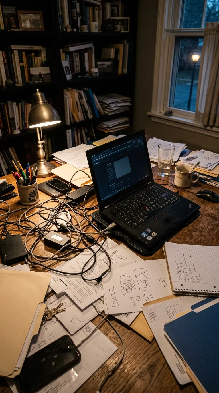 A wooden desk buried under tangled cables, loose paper and clutter, photographed at night