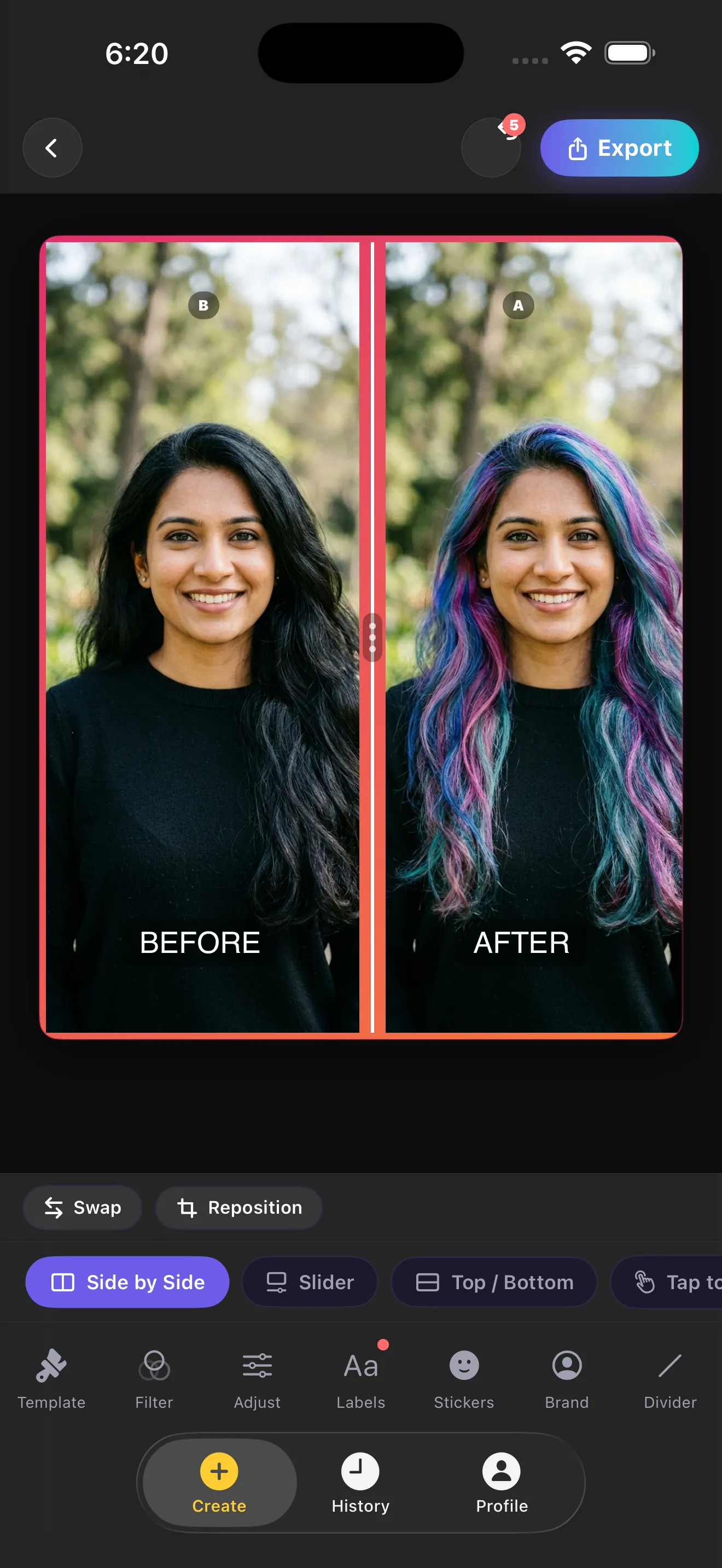 The app editor showing a before and after pair side by side, with the mode row set to Side by Side and the Slider, Top and Bottom and Divider options beside it