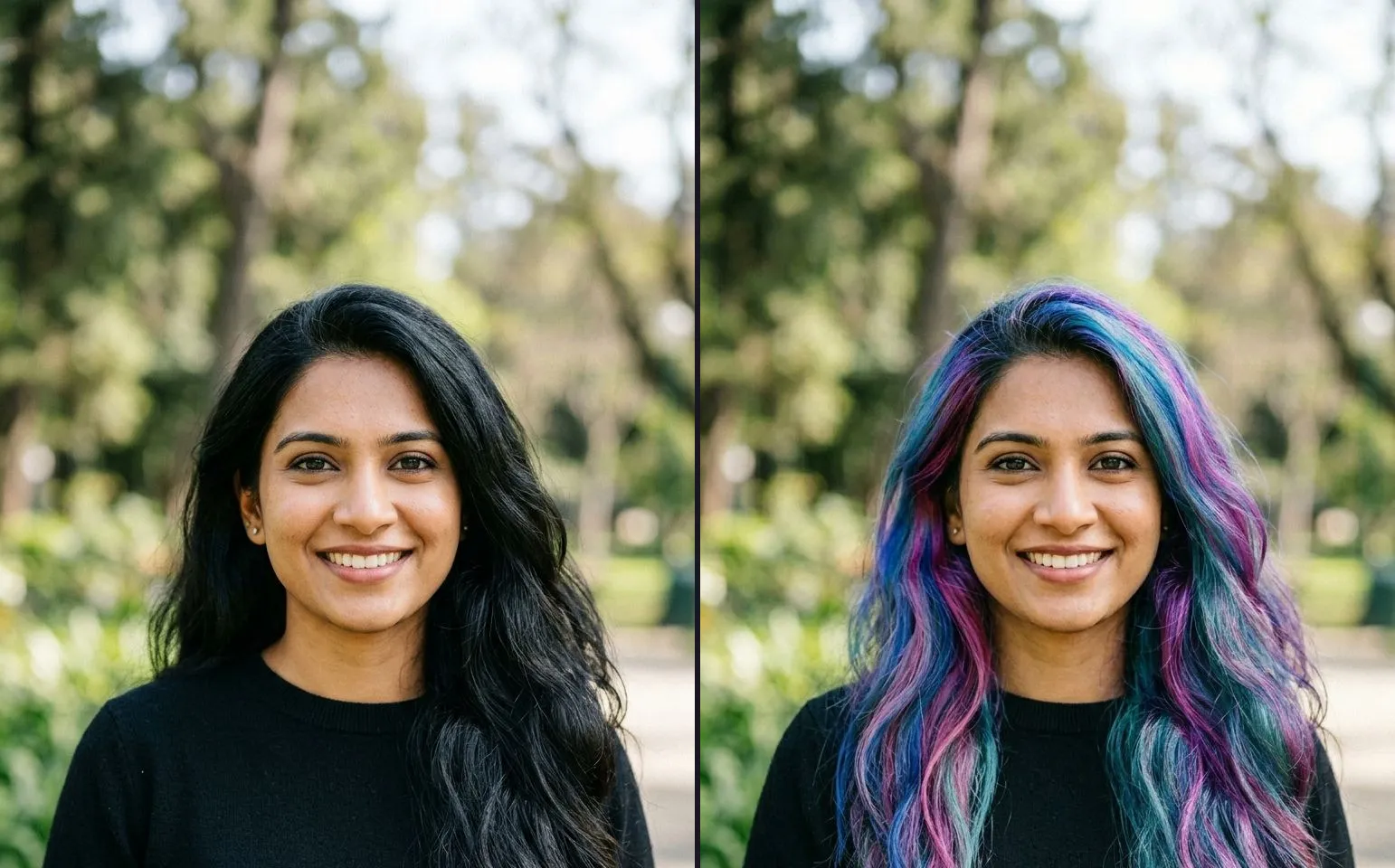 A before photograph beside an after: on the left, a woman with her natural dark hair standing outdoors against greenery; on the right, the same woman in the same spot after a vivid multi-tone colour service.