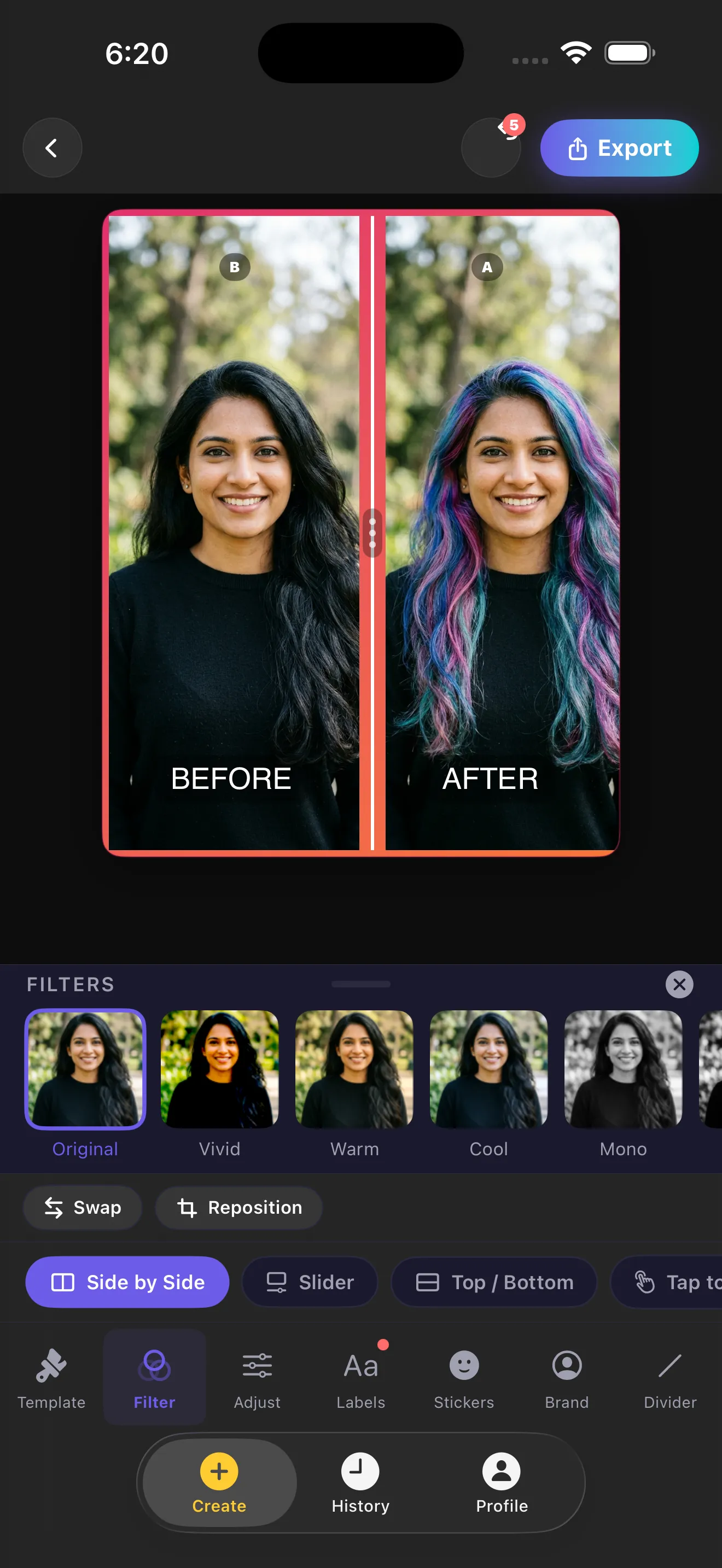 The app's filter row open under a before and after pair, showing the twelve filter thumbnails