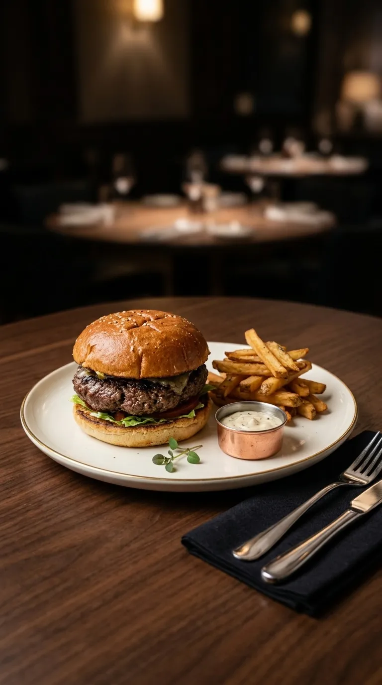 The same burger plated with fries and a dip on a dark restaurant table