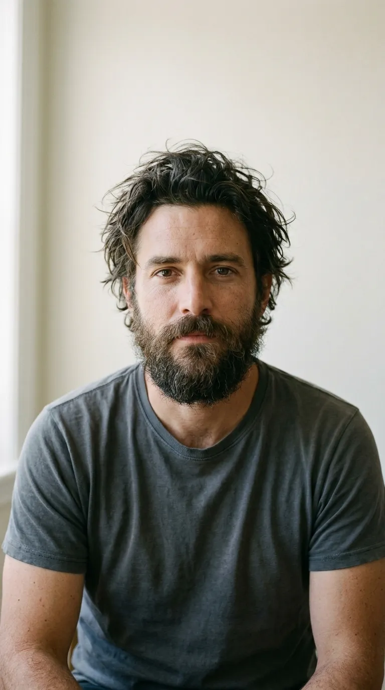A man with long unkempt hair and an untrimmed beard against a plain wall