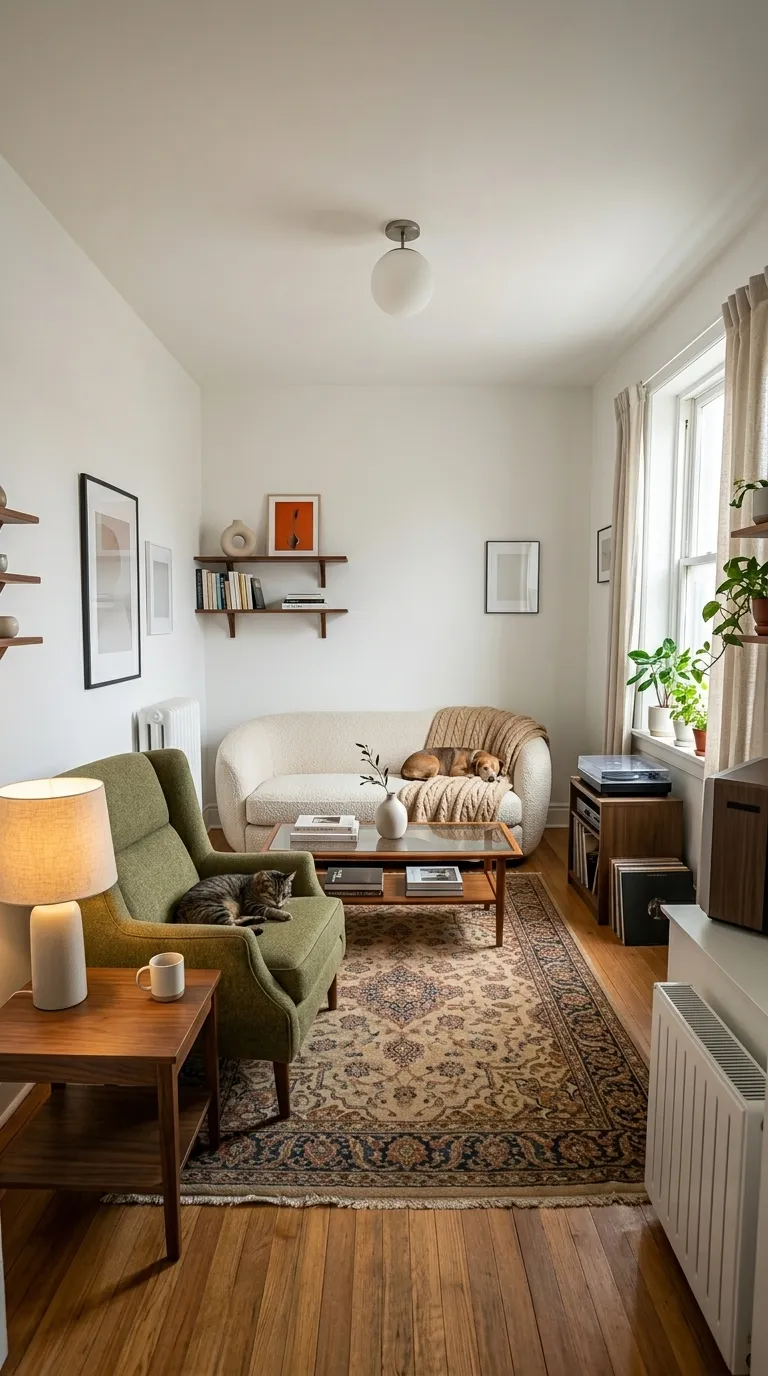 The same living room after renovation, repainted and furnished, shot from the same corner