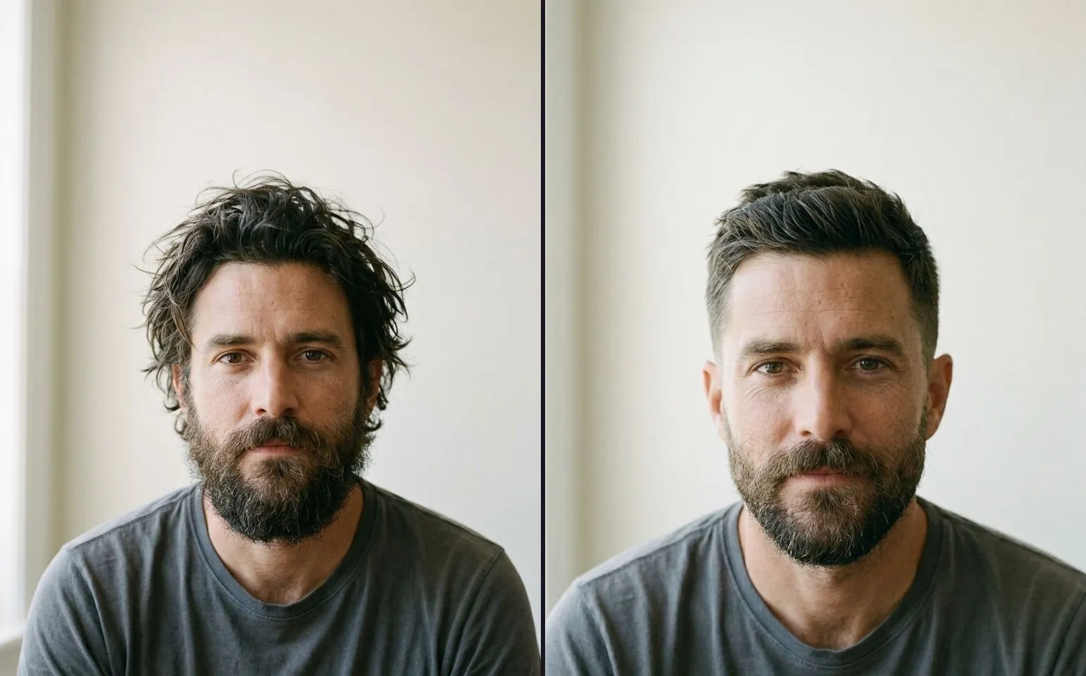 A before photograph beside an after: on the left, a man with long unkempt hair and an untrimmed beard standing against a plain wall; on the right, the same man in the same light after a cut and a beard trim.