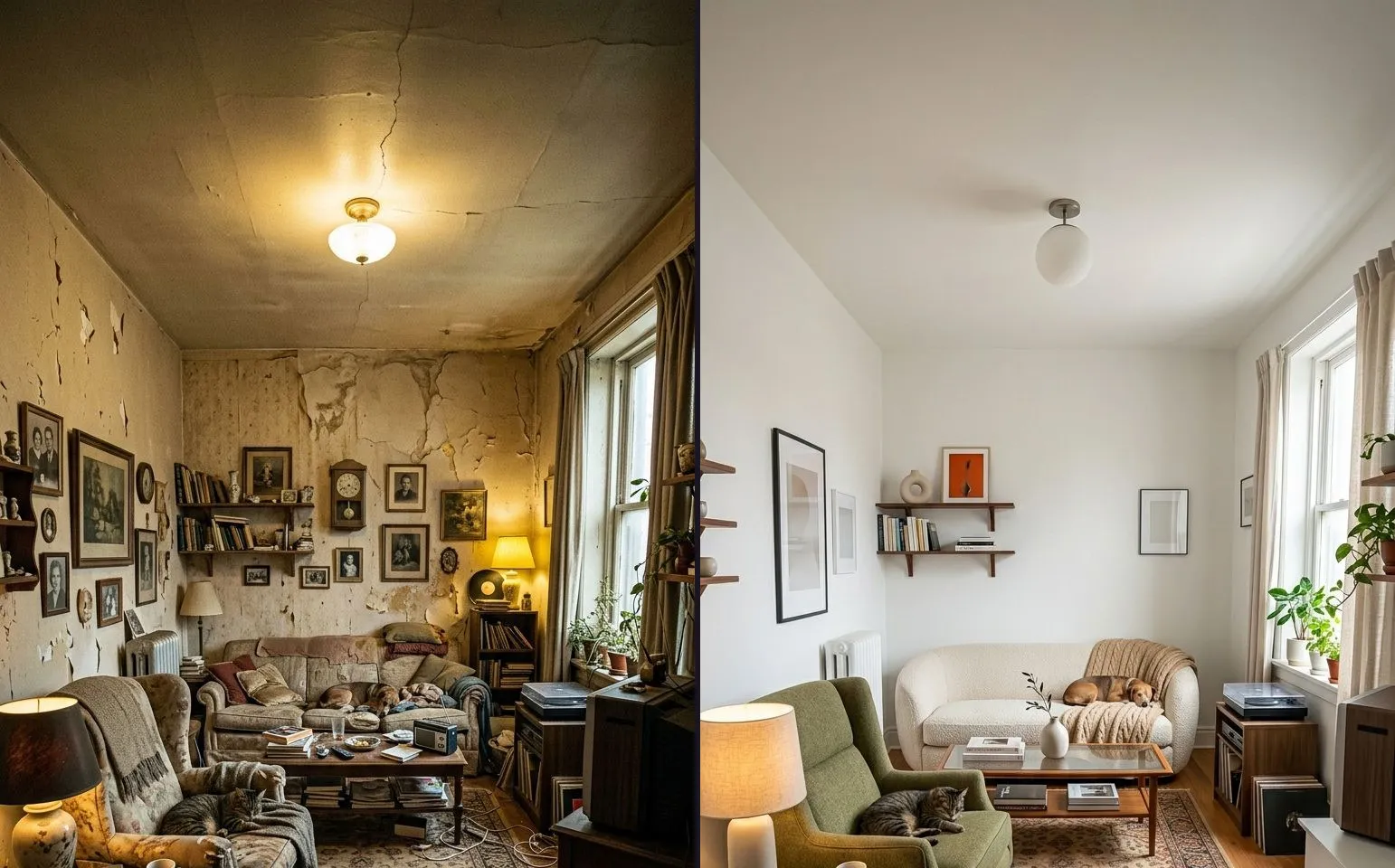 A before photograph beside an after: on the left, a dim living room with peeling walls and worn furniture; on the right, the same room after renovation, photographed from the same corner.