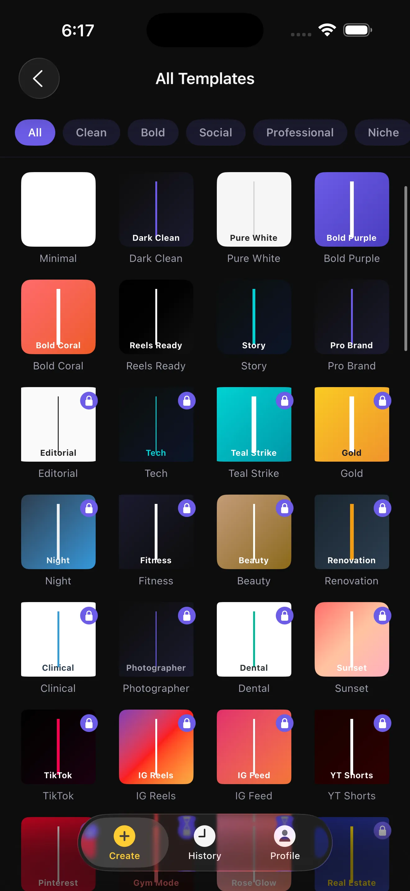 The app's template picker showing a grid of template thumbnails filtered by category